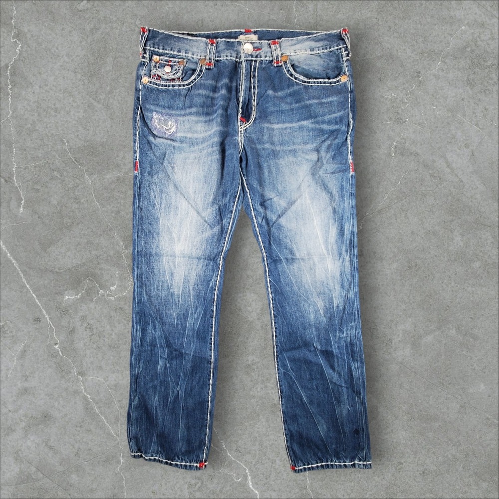 True Religion Ricky Relaxed Straight Jeans Mens 40x32 Blue Contrast Stitch Y2K